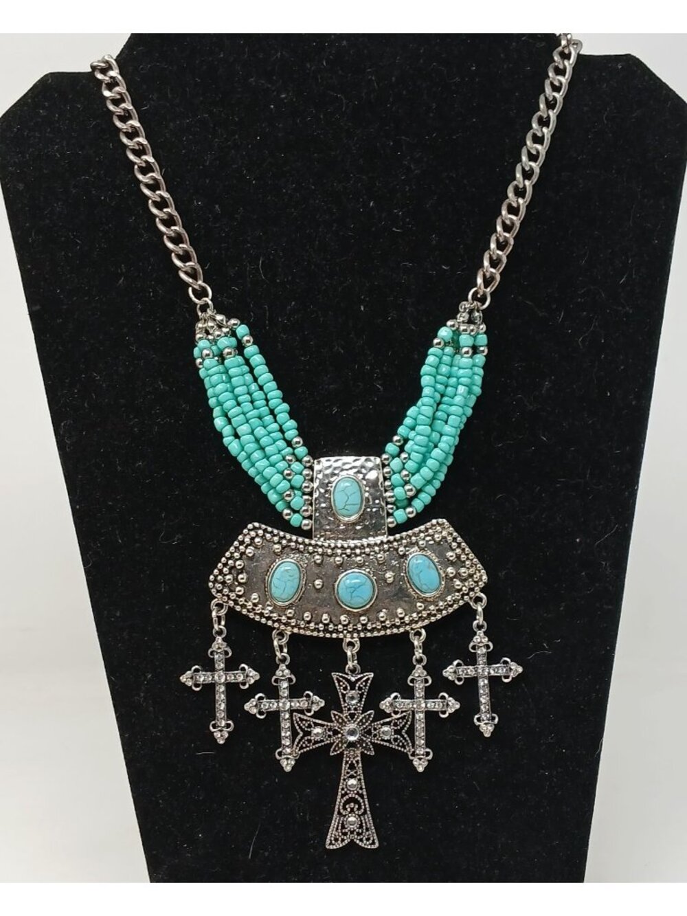 SilverTone Faux Turquoise Statement Necklace W/ Cross Charms Bold 18-21" #J8
